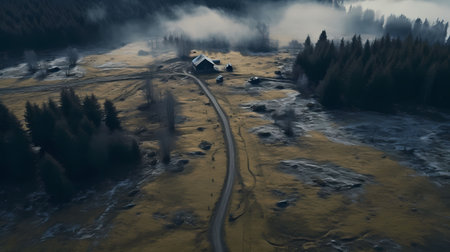Aerial view of a mountain road in the middle of the forestの素材