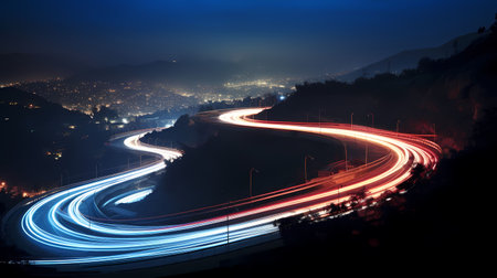 Night road lights. Lights of moving cars at night. long exposure photoの素材