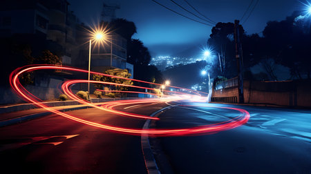 Traffic light trails on the road at night in Hong Kong.の素材