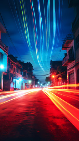 light trails on the street at night in chiangmai thailandの素材