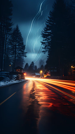 Lightning on the road at night. Long exposure. Car light trails.の素材