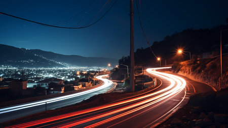 Light trails on the road at night in Bilbao, Spainの素材
