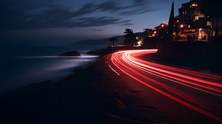 Night view of the promenade along the sea. Long exposureの素材