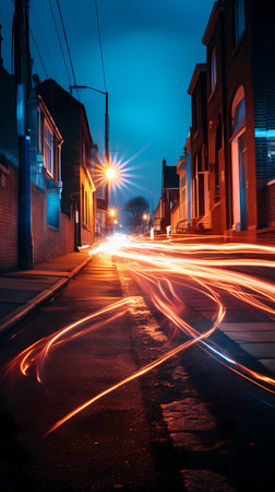 Light trails on the street at night in London, England, UKの素材