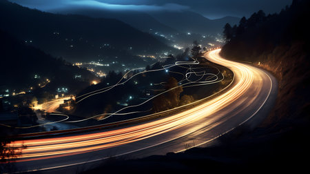 Night view of the car light trails on the road in the mountainsの素材
