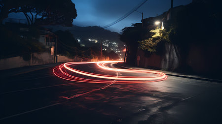 Red light trails on the road at night. Long exposure photo.の素材