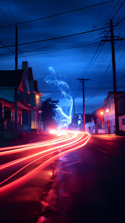 Light trails on the street at night, long exposure photo taken in Thailand.の素材