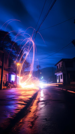 sparks from spinning steel wool at night in the city.の素材
