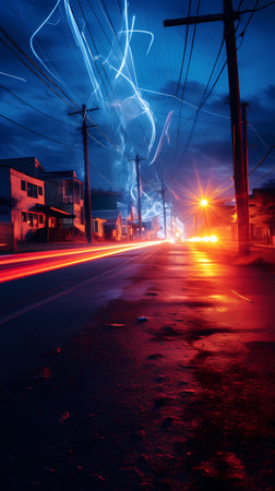 Lightning strike on the street at night. Long exposure photography.の素材