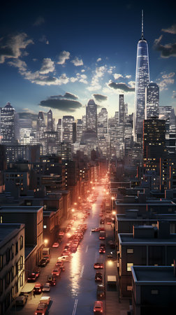 Cityscape of New York City at dusk. 3D Renderingの素材