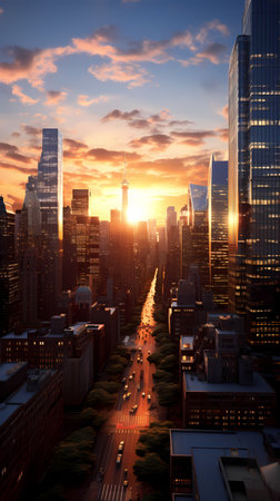 New York City Manhattan downtown skyline at sunset with skyscrapers. USA.の素材