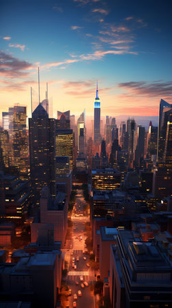 The New York City skyline at sunset with urban skyscrapers.の素材