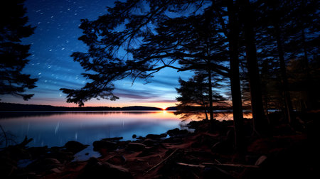 beautiful night landscape with starry sky over lake. long exposureの素材