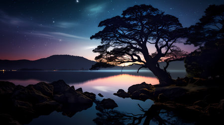 Night landscape with trees and stars on the lake. 3d renderingの素材