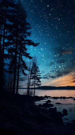 Fantastic starry night over the lake. Nature composition.の素材