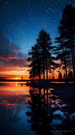 Beautiful winter landscape with starry sky, lake and pine treesの素材