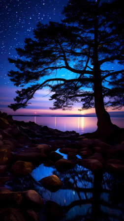 Beautiful seascape with pine trees and starry sky.の素材