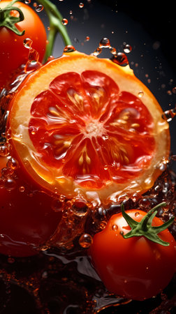 Tomatoes falling into water with splash on black background, closeupの素材