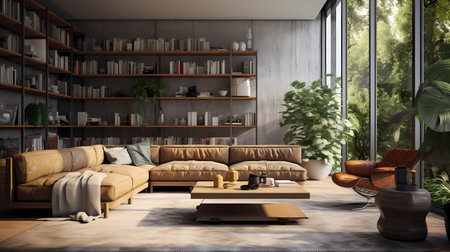 Interior of modern living room with brown sofa and bookshelf 3D renderingの素材