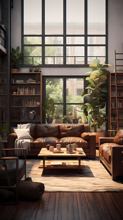 Interior of modern living room with brown sofa, coffee table and bookshelf. 3d renderの素材