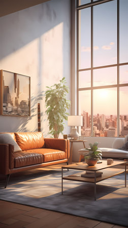 Modern living room interior design with brown sofa, coffee table and city view. 3D Renderingの素材