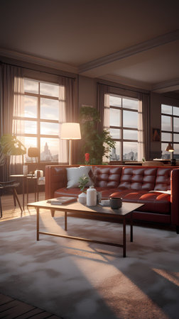 Living room interior with sofa and coffee table. 3d render illustrationの素材