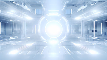 futuristic scifi tunnel corridor with glowing lights 3d rendering wallpaper backgroundの素材