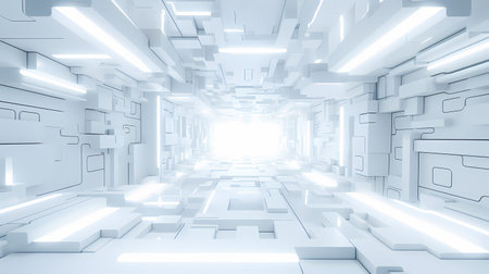 3d rendering. Futuristic interior corridor with glowing lights. White backgroundの素材