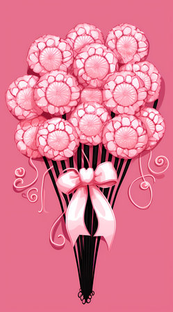 Bouquet of pink flowers with a bow on a pink backgroundの素材