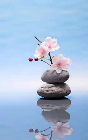 zen stones and cherry blossom on blue water background, spa conceptの写真素材