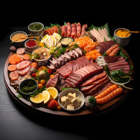 Sashimi platter with salmon, tuna, sashimi, caviar, tuna, japanese sausages on black wooden backgroundの写真素材