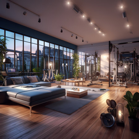 3d rendering of loft interior living room with gym and fitness equipmentの写真素材