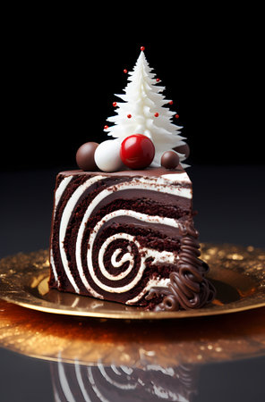 Christmas cake with chocolate and cherry on a black background, closeupの素材
