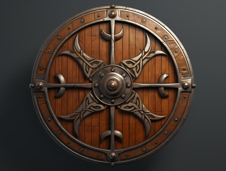 Wooden shield on a dark background. 3d render image.の素材
