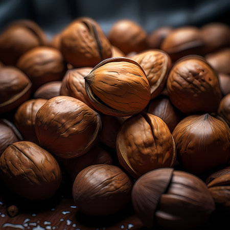 Whole and unshelled walnuts on a dark background.の素材