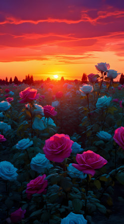 Colorful sunrise over the field with pink and white rose flowers.の素材