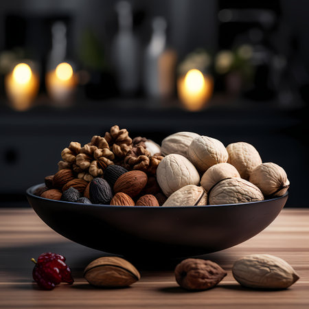 Assortment of nuts in a bowl on the table in the kitchenの素材