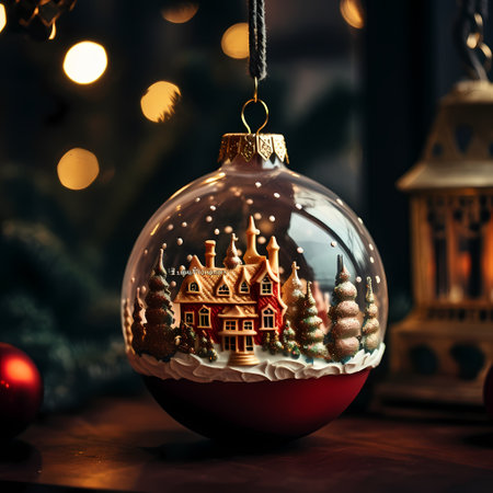 Christmas ball with gingerbread house on background of Christmas tree and lightsの素材