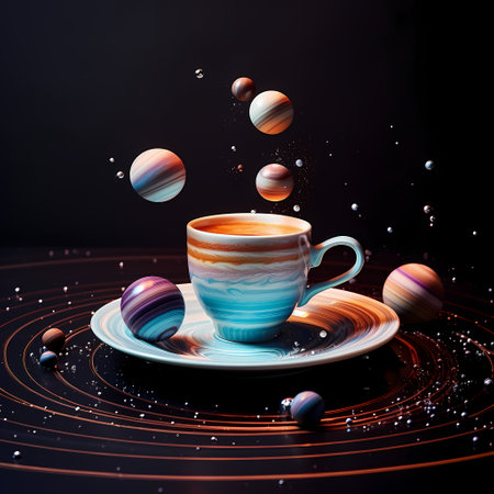 Cup of coffee with planets on dark background. 3d illustrationの素材