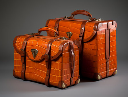 Three orange travel suitcases on a gray background. 3d renderingの素材