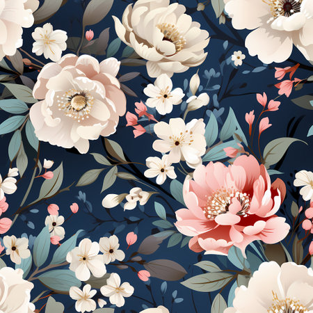 Seamless pattern with peony flowers on dark blue background.の素材