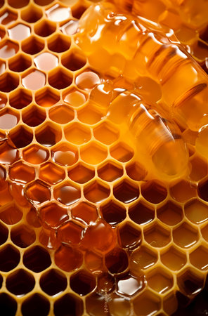 Drop of bee honey drip from hexagonal honeycombs filled with golden nectar, honeycombs summer composition consisting of drop natural honey, drip on wax frame bee,の素材