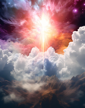 Cosmic landscape with bright sun, clouds and stars. 3D renderingの素材