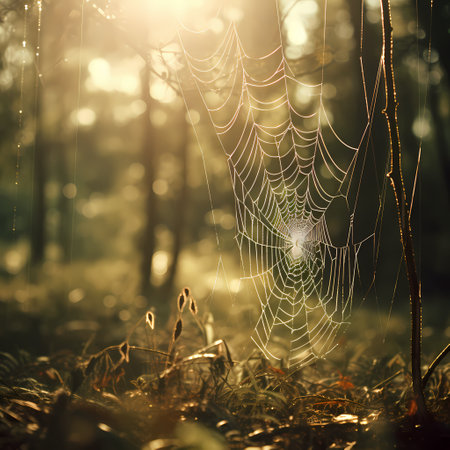 Photo for spider web with dew drops in the autumn forest at sunrise - Royalty Free Image