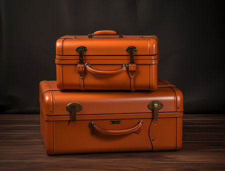Three brown leather suitcases on a wooden floor. 3d renderingの素材
