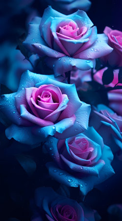 Beautiful pink and blue rose with water drops on dark background.の素材