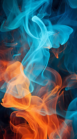 abstract background smoke curves and wave in blue and orange color toneの素材