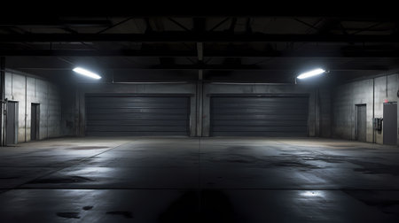 Empty car garage interior at night, 3D rendering. Computer digital drawing.の素材
