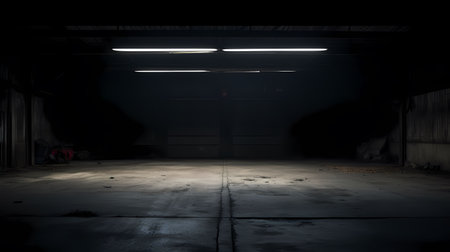 3D rendering of an old factory building with a spotlight in the darknessの素材