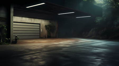 3d rendering of an empty garage at night with lights and reflectionsの素材